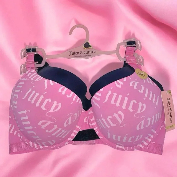 Juicy Couture  Sexy Pink Logo & Solid Black Push-up Bra 2 Piece set Size 42D - Picture 3 of 8
